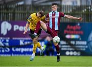 7 June 2024; Evan Weir of Drogheda United in action against Jamie Lennon of St Patrick's Athletic during the SSE Airtricity Men's Premier Division match between Drogheda United and St Patrick's Athletic at Weavers Park in Drogheda, Louth. Photo by Shauna Clinton/Sportsfile