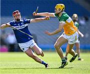 8 June 2024; James Duggan of Laois in action against Donal Shirley of Offaly during the Joe McDonagh Cup final match between Laois and Offaly at Croke Park in Dublin. Photo by Piaras Ó Mídheach/Sportsfile