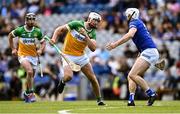 8 June 2024; Oisín Kelly of Offaly in action against Ryan Mullaney of Laois during the Joe McDonagh Cup final match between Laois and Offaly at Croke Park in Dublin. Photo by Piaras Ó Mídheach/Sportsfile
