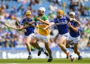 8 June 2024; Oisín Kelly of Offaly in action against Pádraig Delaney of Laois during the Joe McDonagh Cup final match between Laois and Offaly at Croke Park in Dublin. Photo by John Sheridan/Sportsfile