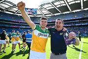 8 June 2024; Brian Duignan of Offaly celebrates with his father and Chairman of the Offaly County Board Michael Duignan after the Joe McDonagh Cup final match between Laois and Offaly at Croke Park in Dublin. Photo by Piaras Ó Mídheach/Sportsfile