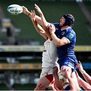 8 June 2024; Ryan Baird of Leinster steals possession in the lineout against Greg Jones of Ulster during the United Rugby Championship quarter-final match between Leinster and Ulster at Aviva Stadium in Dublin. Photo by Ramsey Cardy/Sportsfile