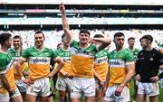 8 June 2024; Oisín Kelly of Offaly, centre, celebrates after his side's victory in the Joe McDonagh Cup final match between Laois and Offaly at Croke Park in Dublin. Photo by Piaras Ó Mídheach/Sportsfile