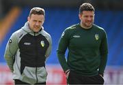 8 June 2024; Leitrim manager Andy Moran, left, and selector Luke Bree before the Tailteann Cup preliminary quarter-final match between Leitrim and Wicklow at Glennon Brothers Pearse Park in Longford. Photo by Stephen Marken/Sportsfile