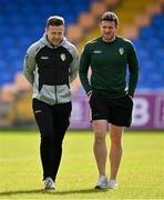 8 June 2024; Leitrim manager Andy Moran, left, and selector Luke Bree before the Tailteann Cup preliminary quarter-final match between Leitrim and Wicklow at Glennon Brothers Pearse Park in Longford. Photo by Stephen Marken/Sportsfile