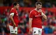 7 June 2024; Antoine Frisch, left, and Seán O'Brien of Munster during the United Rugby Championship quarter-final match between Munster and Ospreys at Thomond Park in Limerick. Photo by Harry Murphy/Sportsfile