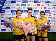 9 June 2024; Women's winner Faye Dervan of Dublin City Harriers AC, centre, with second place Caitlyn Harvey of North East Runners AC, Louth, left, and third place Sarah Mulligan of Dundrum South Dublin AC, right, on the podium at the 2024 Irish Life Dublin Race Series Corkagh Park 5 Mile at Corkagh Park in Dublin. Photo by Seb Daly/Sportsfile