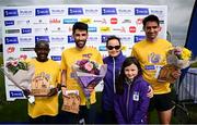 9 June 2024; Irish Life chief people officer Barbar O'Malley and Ava O'Malley with the men's winners, from left, second place Peter Somba of Ratoath AC, Meath, Hugh Armstrong of Ballina AC, Mayo, and Tomas Fitzpatrick of Tallaght AC, Dublin, after the 2024 Irish Life Dublin Race Series Corkagh Park 5 Mile at Corkagh Park in Dublin. Photo by Seb Daly/Sportsfile