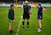 9 June 2024; Referee Shane Curley with team captains Niamh McLaughlin of Donegal, left, and Niamh Carmody of Kerry before the TG4 All-Ireland Ladies Football Senior Championship Round 1 match between Donegal and Kerry at MacCumhaill Park in Ballybofey, Donegal. Photo by Ben McShane/Sportsfile