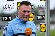 9 June 2024; Dublin manager Mick Bohan is interviewed before the TG4 All-Ireland Ladies Football Senior Championship Round 1 match between Dublin and Mayo at Parnell Park in Dublin. Photo by Seb Daly/Sportsfile