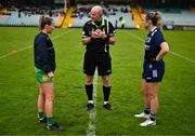 9 June 2024; Referee Shane Curley with team captains Niamh McLaughlin of Donegal, left, and Niamh Carmody of Kerry before the TG4 All-Ireland Ladies Football Senior Championship Round 1 match between Donegal and Kerry at MacCumhaill Park in Ballybofey, Donegal. Photo by Ben McShane/Sportsfile