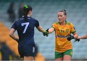 9 June 2024; Niamh McLaughlin of Donegal and Aoife Dillane of Kerry after their draw in the TG4 All-Ireland Ladies Football Senior Championship Round 1 match between Donegal and Kerry at MacCumhaill Park in Ballybofey, Donegal. Photo by Ben McShane/Sportsfile