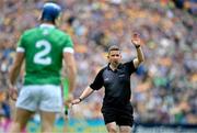 9 June 2024; Referee Colm Lyons during the Munster GAA Hurling Senior Championship final match between Clare and Limerick at FBD Semple Stadium in Thurles, Tipperary. Photo by Ray McManus/Sportsfile
