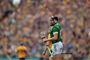 9 June 2024; Gearóid Hegarty of Limerick celebrates after scoring a point during the Munster GAA Hurling Senior Championship final match between Clare and Limerick at FBD Semple Stadium in Thurles, Tipperary. Photo by Brendan Moran/Sportsfile