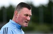 9 June 2024; Dublin manager Mick Bohan is interviewed before the TG4 All-Ireland Ladies Football Senior Championship Round 1 match between Dublin and Mayo at Parnell Park in Dublin. Photo by Seb Daly/Sportsfile