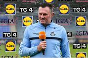 9 June 2024; Dublin manager Mick Bohan is interviewed before the TG4 All-Ireland Ladies Football Senior Championship Round 1 match between Dublin and Mayo at Parnell Park in Dublin. Photo by Seb Daly/Sportsfile