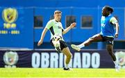 10 June 2024; Michael Obafemi and Dara O'Shea, left, during a Republic of Ireland training session at Estádio de São Miguel in Gondomar, Portugal. Photo by Stephen McCarthy/Sportsfile
