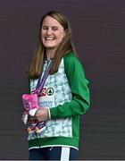 10 June 2024; Ciara Mageean of Ireland celebrates with her gold medal on the podium after winning the Women's 1500m final during day four of the 2024 European Athletics Championships at the Stadio Olimpico in Rome, Italy. Photo by Sam Barnes/Sportsfile