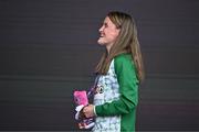 10 June 2024; Ciara Mageean of Ireland sings Amhrán na bhFiann on the podium after winning the Women's 1500m final during day four of the 2024 European Athletics Championships at the Stadio Olimpico in Rome, Italy. Photo by Sam Barnes/Sportsfile