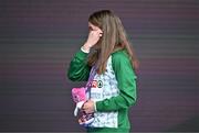 10 June 2024; Ciara Mageean of Ireland wipes away a tear as Amhrán na bhFiann plays on the podium after winning the Women's 1500m final during day four of the 2024 European Athletics Championships at the Stadio Olimpico in Rome, Italy. Photo by Sam Barnes/Sportsfile