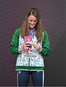 10 June 2024; Ciara Mageean of Ireland looks at her gold medal on the podium after winning the Women's 1500m final during day four of the 2024 European Athletics Championships at the Stadio Olimpico in Rome, Italy. Photo by Sam Barnes/Sportsfile