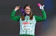 10 June 2024; Ciara Mageean of Ireland celebrates with her gold medal on the podium after winning the Women's 1500m final during day four of the 2024 European Athletics Championships at the Stadio Olimpico in Rome, Italy. Photo by Sam Barnes/Sportsfile