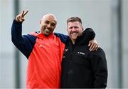 11 June 2024; Simon Zebo with forwards coach Andi Kyriacou, right, during Munster rugby squad training at University of Limerick in Limerick. Photo by Piaras Ó Mídheach/Sportsfile
