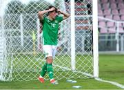 11 June 2024; Andy Moran of Republic of Ireland reacts after a missed opportunity on goal during the international friendly match between England U20's and Republic of Ireland U21's at Gradski Stadion in Zagreb, Croatia. Photo by Vid Ponikvar/Sportsfile