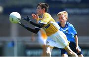 14 June 2024; Ronan McKenna of Antrim in action against Jonah O'Connor of Dublin during the friendship games between Dublin Cumann na mBunscol and Antrim Cumann na mBunscol at Parnell Park in Dublin. Photo by Shauna Clinton/Sportsfile