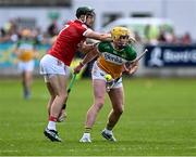 15 June 2024; Charlie Mitchell of Offaly in action against Mark Coleman of Cork during the GAA Hurling All-Ireland Senior Championship preliminary quarter-final match between Offaly and Cork at Glenisk O'Connor Park in Tullamore, Offaly. Photo by Piaras Ó Mídheach/Sportsfile