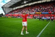 15 June 2024; Simon Zebo of Munster waves to supporters as he leaves the pitch for the last time before retirement after the United Rugby Championship semi-final match between Munster and Glasgow Warriors at Thomond Park in Limerick. Photo by Brendan Moran/Sportsfile