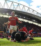 15 June 2024; Craig Casey of Munster celebrates after teammate Antoine Frisch, not pictured, scored their side's first try during the United Rugby Championship semi-final match between Munster and Glasgow Warriors at Thomond Park in Limerick. Photo by Brendan Moran/Sportsfile