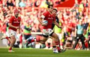 15 June 2024; Antoine Frisch of Munster makes a break during the United Rugby Championship semi-final match between Munster and Glasgow Warriors at Thomond Park in Limerick. Photo by Brendan Moran/Sportsfile