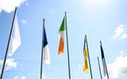 16 June 2024; Flags are seen before the Tailteann Cup quarter-final match between Kildare at Laois at Glenisk O'Connor Park in Tullamore, Offaly. Photo by Stephen Marken/Sportsfile