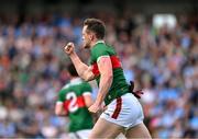 16 June 2024; Matthew Ruane of Mayo celebrates a second half point during the GAA Football All-Ireland Senior Championship Round 3 match between Dublin and Mayo at Dr Hyde Park in Roscommon. Photo by Daire Brennan/Sportsfile