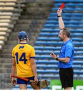 16 June 2024; Paul Rodgers of Clare is sent off by referee Colum Cunning during the Electric Ireland GAA Hurling All-Ireland Minor Hurling Championship Semi-Final match between Kilkenny and Clare at FBD Semple Stadium in Thurles, Tipperary. Photo by Matt Browne/Sportsfile