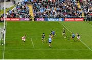 16 June 2024; Eoin Murchan of Dublin takes a shot which hit the crossbar and went over during the GAA Football All-Ireland Senior Championship Round 3 match between Dublin and Mayo at Dr Hyde Park in Roscommon. Photo by Daire Brennan/Sportsfile