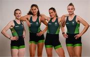 19 June 2024; The Women's Four team, from left, Emily Hegarty, Eimear Lambe, Natalie Long and Imogen Magner during the Rowing Team Ireland Paris 2024 team announcement at the National Rowing Centre in Cork. Photo by Ramsey Cardy/Sportsfile