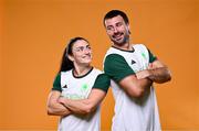 17 June 2024; Lucy Mulhall, left, and Harry McNulty during the Team Ireland Paris 2024 team announcement for Rugby Sevens at the IRFU High Performance Centre on the Sport Ireland Campus in Dublin. Photo by Harry Murphy/Sportsfile
