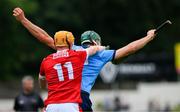 22 June 2024; Chris Crummey of Dublin is tackled by Shane Barrett of Cork during the GAA Hurling All-Ireland Senior Championship quarter-final match between Dublin and Cork at FBD Semple Stadium in Thurles, Tipperary. Photo by Ray McManus/Sportsfile