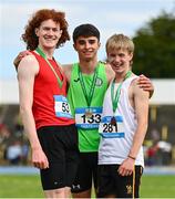 22 June 2024; Boys 100m hurdles medalists, from left, silver medalist Conor Penney of Calasanctius College Oranmore, representing Connacht, gold medalist Des O'Neill of St. Fintan's , representing Leinster, and bronze medalist Cameron McCraken  of RBAI Belfast, representing Ulster, during the 123.ie Tailteann Interprovincial Games at Morton Stadium in Santry, Dublin. Photo by Tyler Miller/Sportsfile