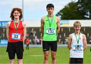 22 June 2024; Boys 100m hurdles medalists, from left, silver medalist Conor Penney of Calasanctius College Oranmore, representing Connacht, gold medalist Des O'Neill of St. Fintan's , representing Leinster, and bronze medalist Cameron McCraken  of RBAI Belfast, representing Ulster, during the 123.ie Tailteann Interprovincial Games at Morton Stadium in Santry, Dublin. Photo by Tyler Miller/Sportsfile