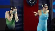 22 June 2024; Danielle Hill, left, and Lottie Cullen of Ireland before the Women's 100m Backstroke final during day five of the 2024 European Aquatics Championships in Belgrade, Serbia. Photo by Nikola Krstic/Sportsfile