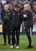 22 June 2024; Derry manager Mickey Harte, left, and Mayo manager Kevin McStay in conversation before the penalty shootout during the GAA Football All-Ireland Senior Championship preliminary quarter-final match between Mayo and Derry at Hastings Insurance MacHale Park in Castlebar, Mayo. Photo by Seb Daly/Sportsfile