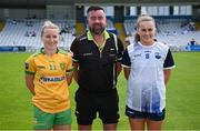 23 June 2024; Referee Seamus Mulvihill with team captains Niamh McLaughlin of Donegal and Kellyann Hogan of Waterford before the TG4 All-Ireland Ladies Football Senior Championship Round 3 match between Waterford and Donegal at Walsh Park in Waterford. Photo by Seb Daly/Sportsfile