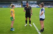 23 June 2024; Referee Seamus Mulvihill with team captains Niamh McLaughlin of Donegal and Kellyann Hogan of Waterford before the TG4 All-Ireland Ladies Football Senior Championship Round 3 match between Waterford and Donegal at Walsh Park in Waterford. Photo by Seb Daly/Sportsfile