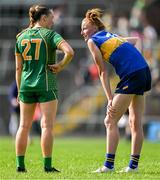 23 June 2024; Sarah Wall of Meath and Aishling Moloney of Tipperary in conversation after the TG4 All-Ireland Ladies Football Senior Championship Round 3 match between Meath and Tipperary at Páirc Tailteann in Navan, Meath. Photo by Brendan Moran/Sportsfile