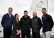27 June 2024; Elkstone announces its sponsorship of Irish Olympic sailor Finn Lynch at Dún Laoghaire Yacht Club in Dublin. Pictured at the announcement is Irish Olympic Sailor Finn Lynch, centre with Elkstone staff, from left, Head of Clients Joe Bergin, Head of Marketing and Branding Ciara Brady, Chief Executive Officer and Co-Founder Alan Merriman and Chief of Staff Rob Kearney. Photo by Sam Barnes/Sportsfile