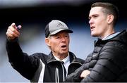 23 October 2019; Legendary GAA commentator Mícheál Ó Muircheartaigh and Dublin footballer Brian Fenton look on during the Corn Mícheál Ó Muircheartaigh Final between Pope John Paul II NS, Malahide, and Scoil Assaim BNS, Raheny, of which Fenton is a former pupil, which ended in a draw, during day two of the Allianz Cumann na mBunscol Finals at Croke Park in Dublin. Photo by Piaras Ó Mídheach/Sportsfile