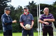 8 September 2021; Mícheál Ó Muircheartaigh with former Dublin footballer Brian Mullins, centre, and former Kerry footballer Jack O'Shea at UCD during the reunion of club and intercounty GAA players trained by Mícheál Ó Muircheartaigh as part of a training group of Dublin based players in the 1970, '80's and '90's at UCD in Belfield, Dublin. Photo by Piaras Ó Mídheach/Sportsfile